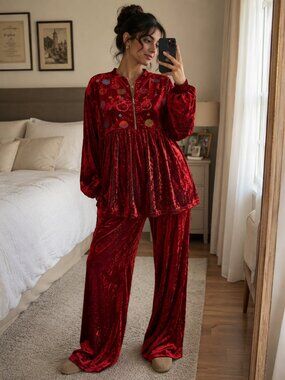 Vintage Red Crushed Velvet Pant Set Women Size 52 Holiday Party